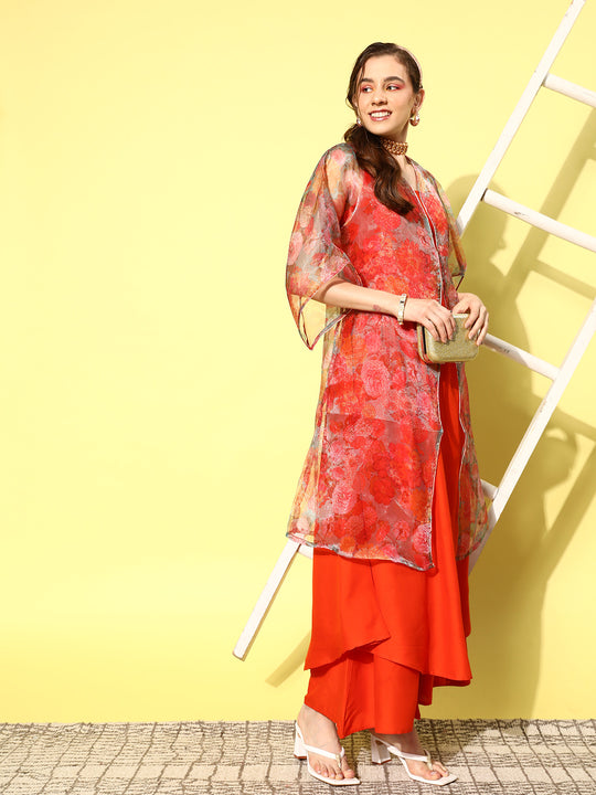 Orange Strappy Set W Green Organza Cape