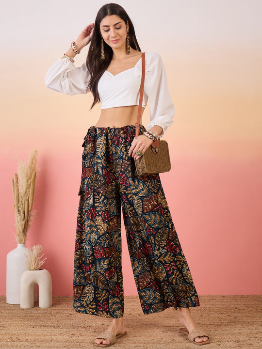 Teal Maroon Leaf Print Foil Free Palazzo