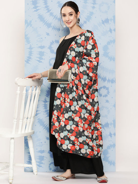 Black Strappy Set With White Red Round Motif Dupatta