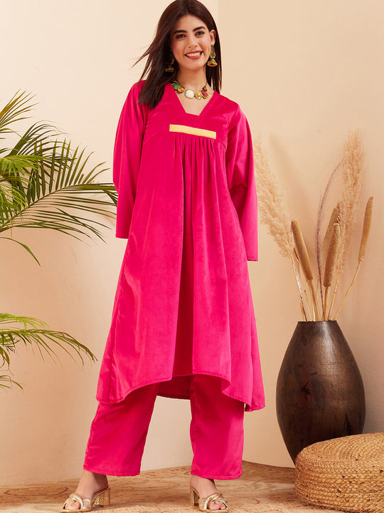 Magenta V Neck Asymmetrical Pleated Velvet Kurta Set