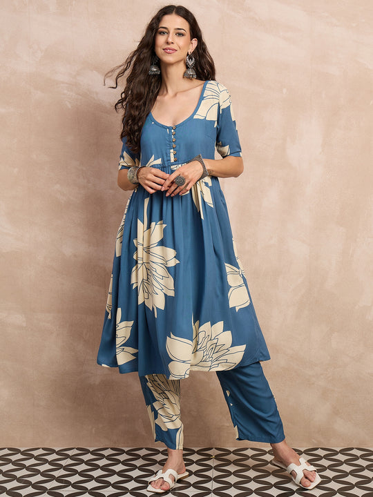 Blue Big Lotus Button Kurta Set