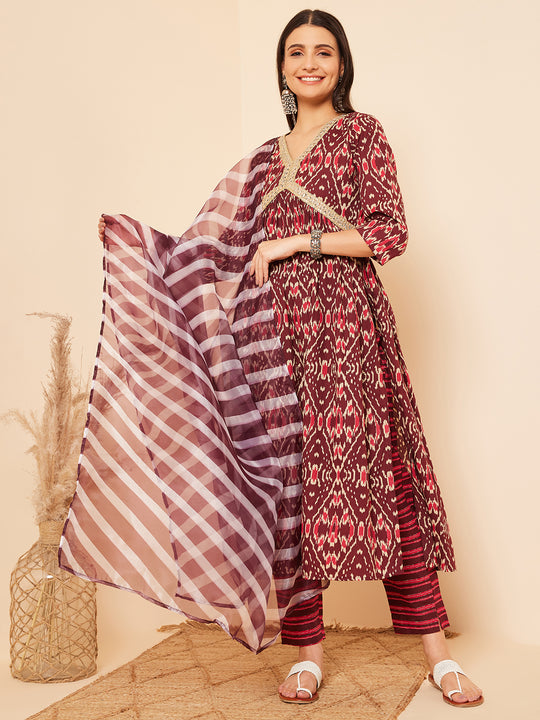 Wine Ikkat Print Alia Cut Gota Work Kurta Set W Wine Leh Dup