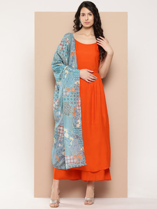 Orange Strappy Set With Blue Chinnon Print Silk Dupatta