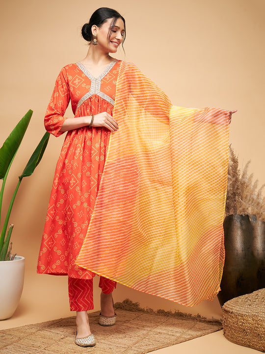 Orange S Print Alia Cut Gota Work Kurta Set W Mustard Le Du