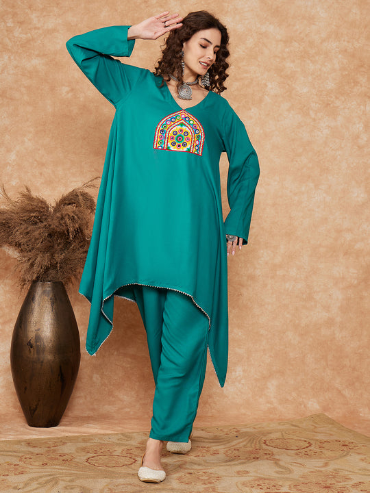 Teal Trangle Yellow Patch Work Assymentrical Kurta Set