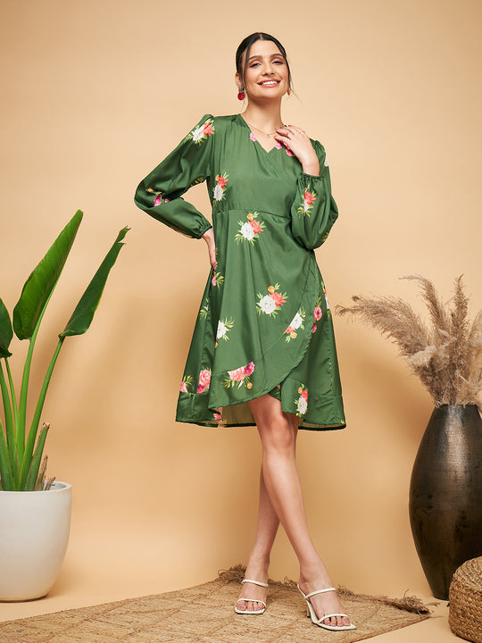 Green Small Flower Belted Dress