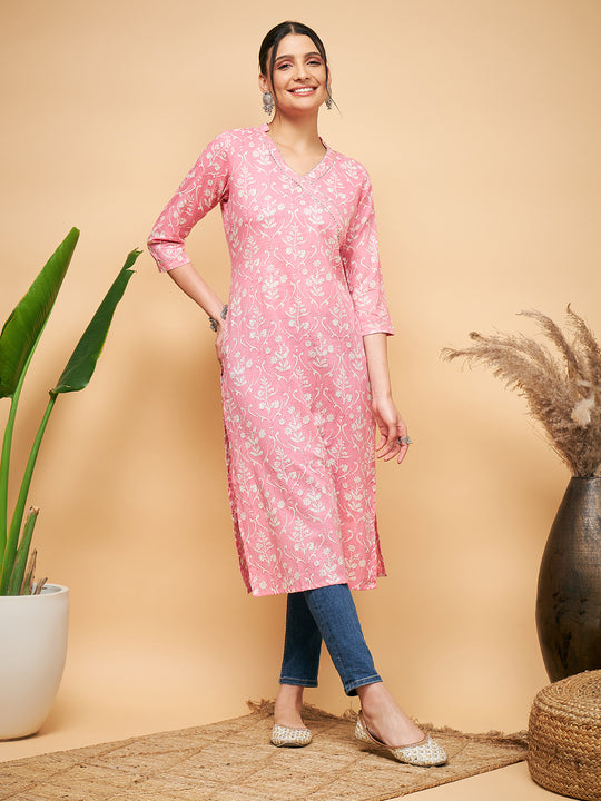 LIGHT PINK FLORAL PRINT STRAIGHT ANGRAKHA GOTA KURTA