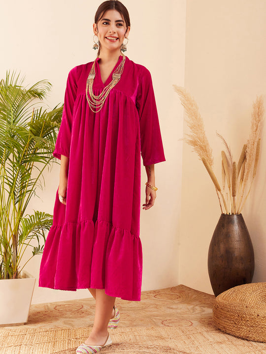 Fuchsia Velvet Manderia V Neck Flared Dress