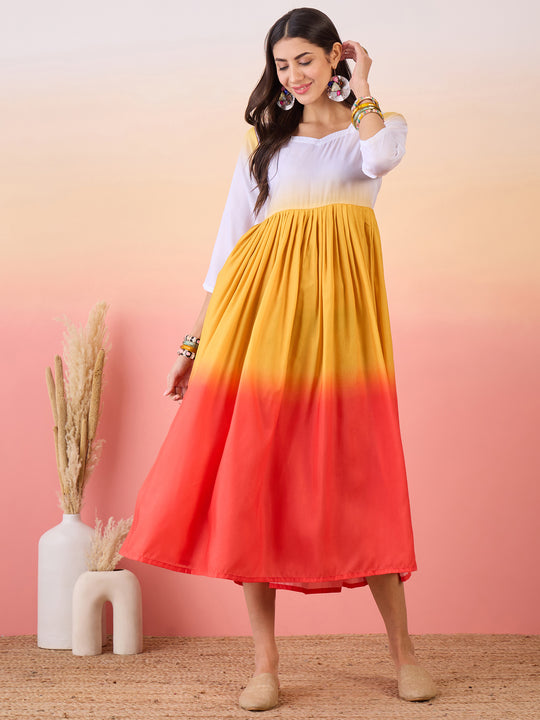 Yellow Orange White Dyed Sweetheart Neck Long Anarkali Kurta
