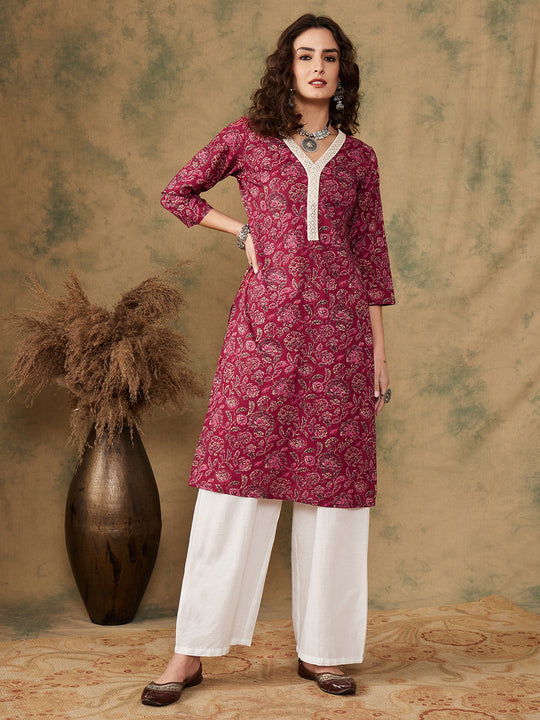 Burgundy Maroon Print V Neck Lace Work Straight Kurta