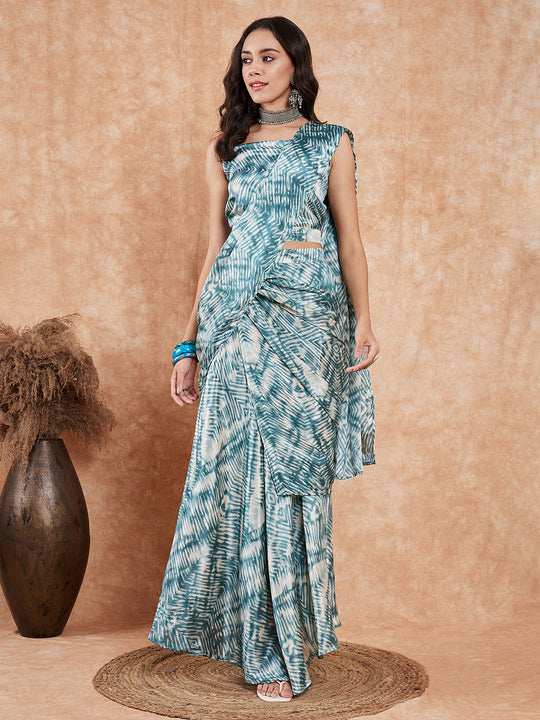 Teal & White Lehariya Skirt Saree