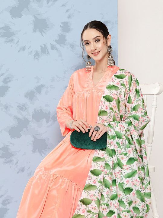Peach Tiered Kurta Set With White Pink Lotus Cr Dupatta
