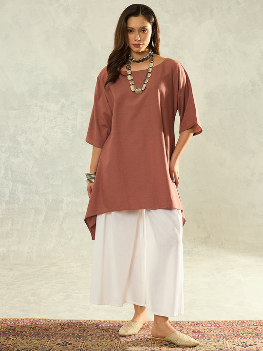 Brown Boat Neck White Palazzo Set