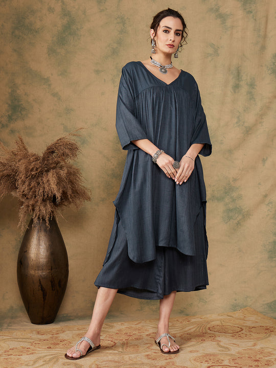 Dark Teal Lurex Flared V Neck Kurta Palazzo Set