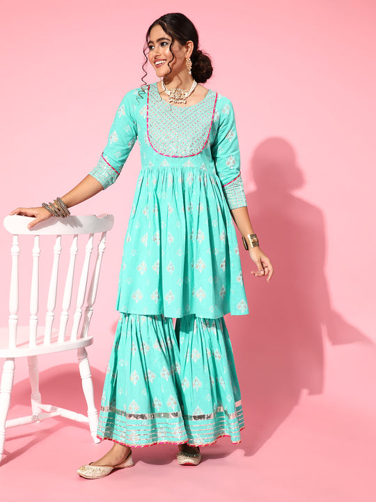 Sky Blue Gota Work Kurta Sharara Set