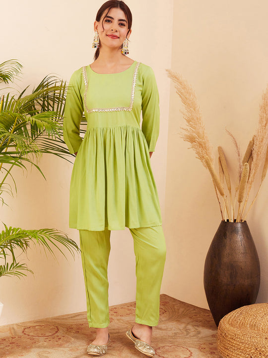 Pear Green Round Neck Square Gota Work Kurta Pant Set