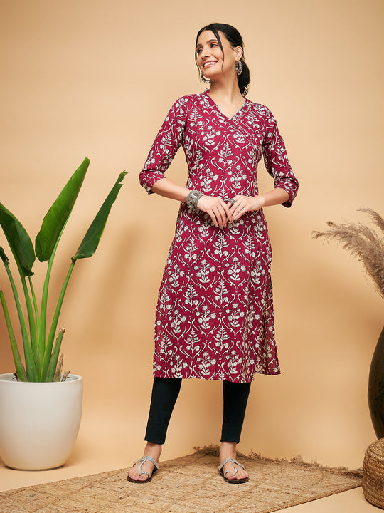 WINE FLORAL PRINT STRAIGHT ANGRAKHA GOTA KURTA