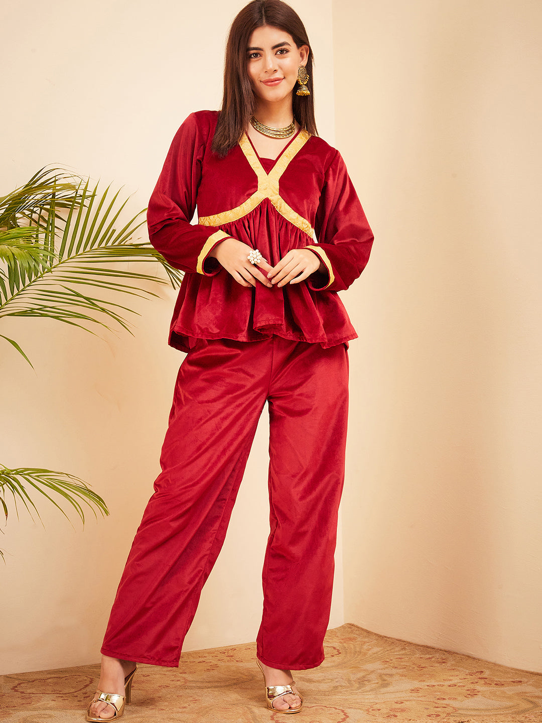 Barn Red Mughal Shaan Style Velvet Short Kurta Set