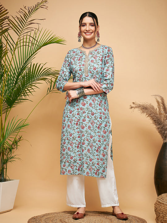 ICY BLUE KALAMKARI PRINT GOTA STRAIGHT KURTA