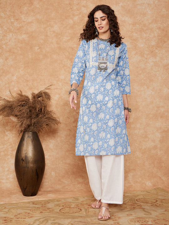 Blue White Floral Square Lace Work Straight Kurta