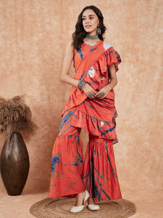 Tomato Red Blue Tie & Dye Frill Sharara Saree