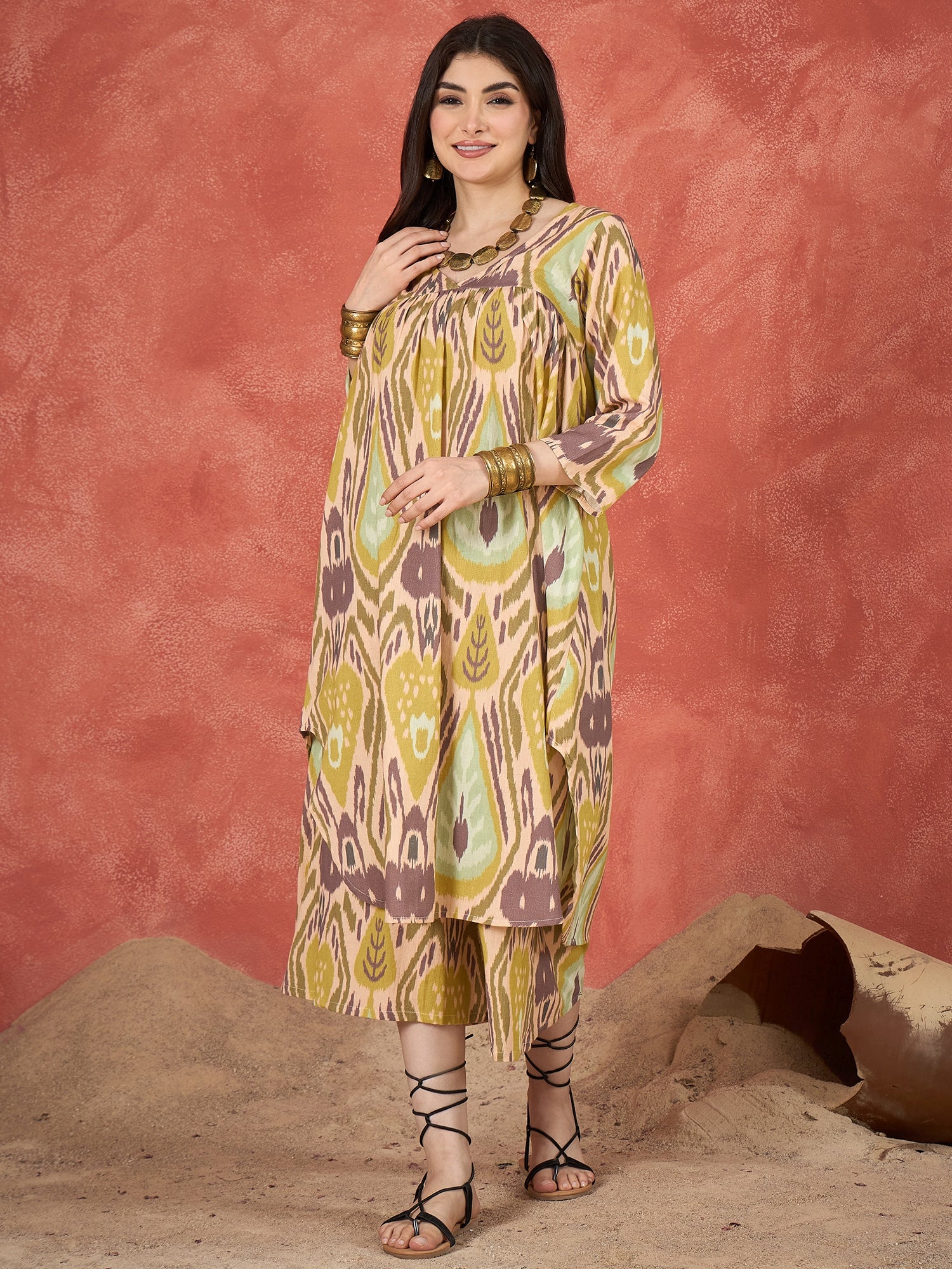 Olive Brown Ikkat Print V Neck Kurta Set