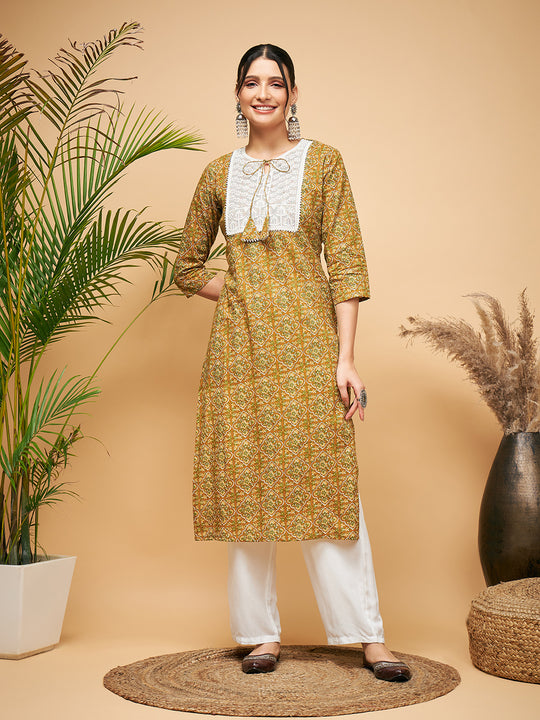 OLIVE AJRAKH PRINT COTTON PATCH WORK STRAIGHT KURTA