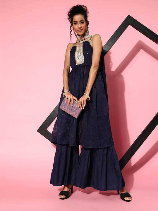 Navy Blue Gota Insert Neckline Sharara Set
