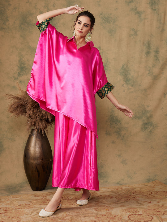 Pink Green Brocade Satin Boho Kurta Palazzo Set
