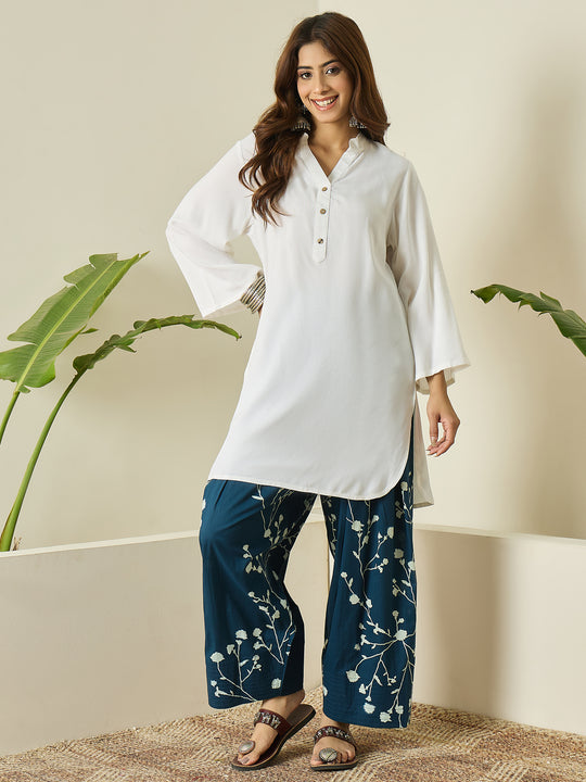 White Kurta Navy Floral Salwar Set