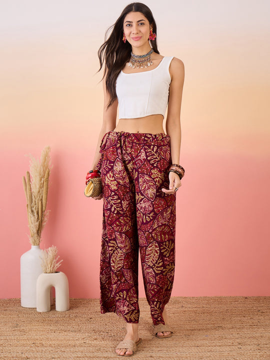 Wine Maroon Leaf Print Foil Free Palazzo