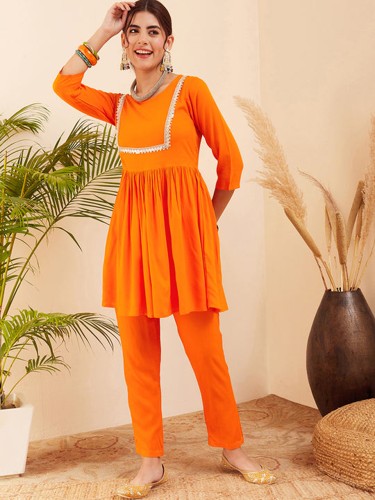 Orange Round Neck Square Gota Work Kurta Pant Set