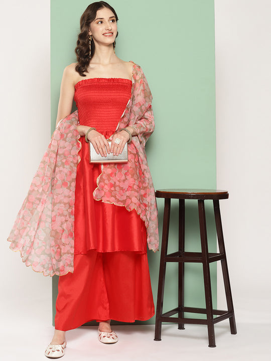 Red Off Shoulder Kurta Set- Peach Red Leafy Scalloped Dupatta