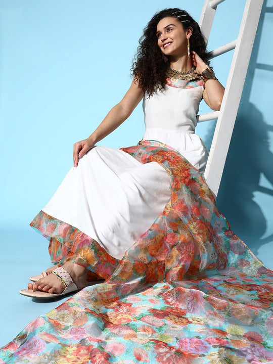 White Strappy Orgranza Border Kurta Set With Dupatta