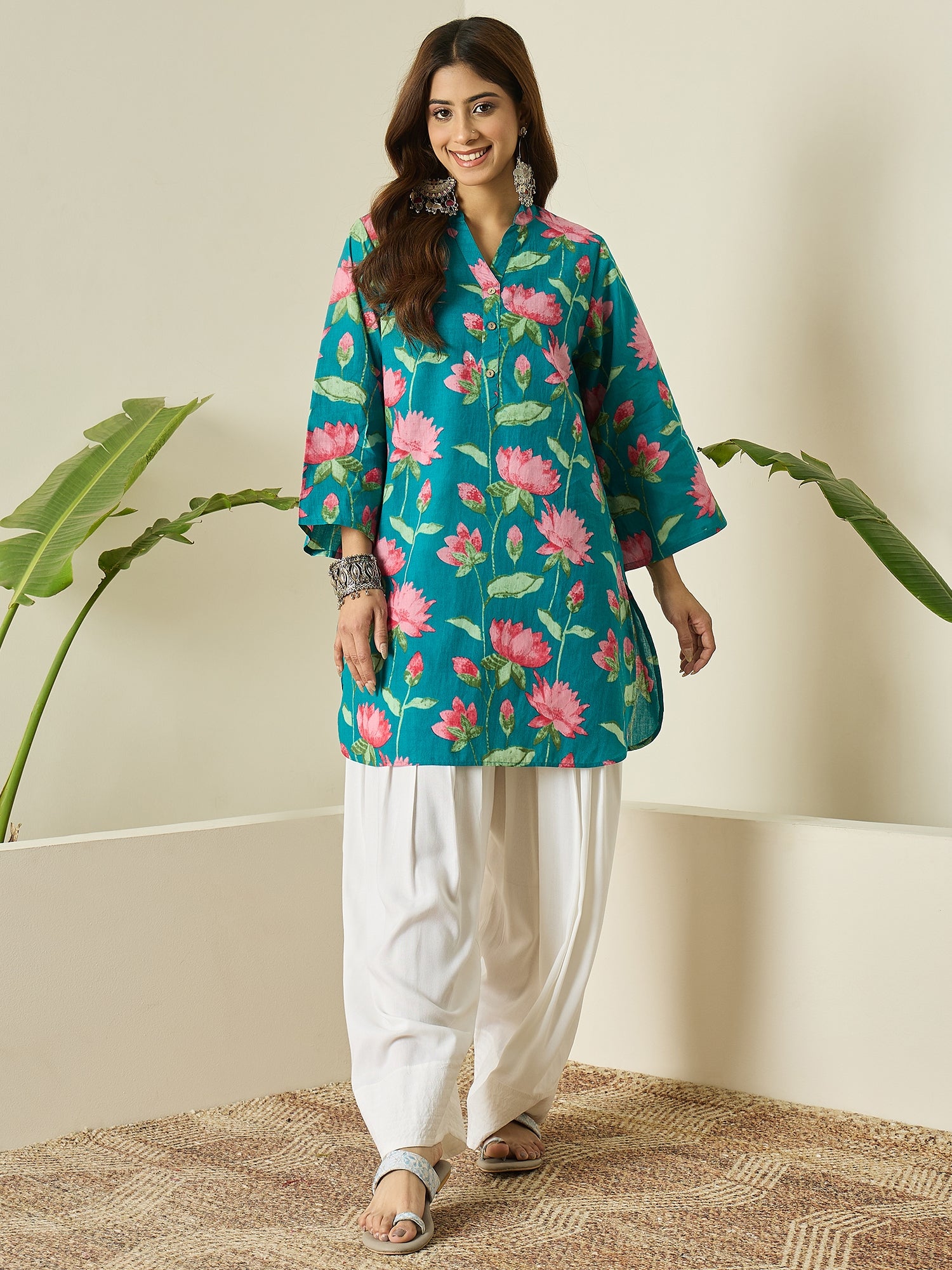 Teal Blue Lotus Kurta White Salwar Set