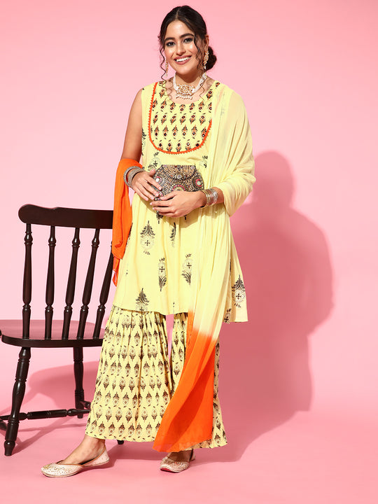 Light Yellow Mirror Work Sharara Set With Dupatta