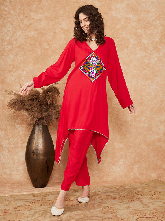Red Square Maroon Patch Work Assymentrical Kurta Set