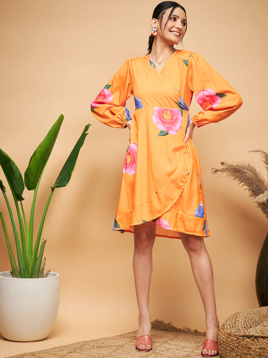 Haldi Yellow Pink Mauve Flower Belted Dress