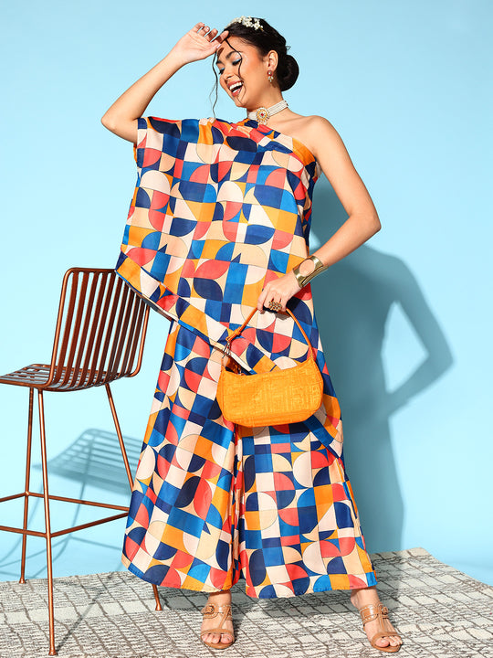 Multi Geometric Print One Shoulder Top With Palazzo Set