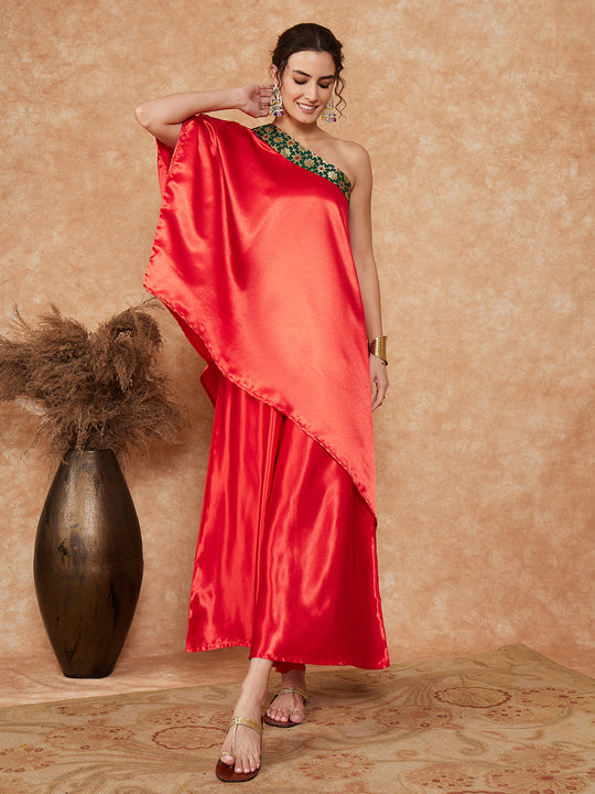 Red Green Brocade Satin Oneshoulder Kurta Set