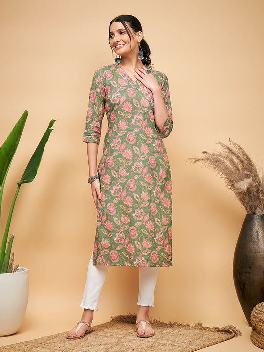 GREEN PINK FLORAL ANGRAKHA STRAIGHT KURTA