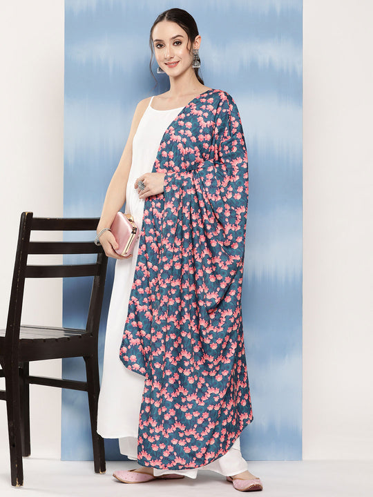 White Strappy Set With Navy Pink Lotus Cr Dupatta