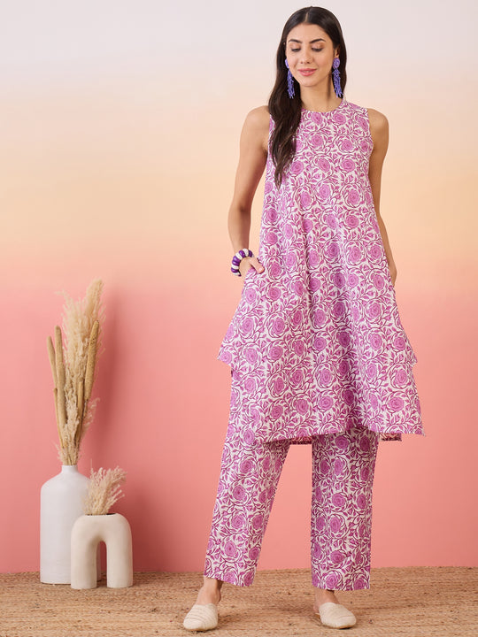 Light Purple Rose Jaal Round Neck Kurta Set