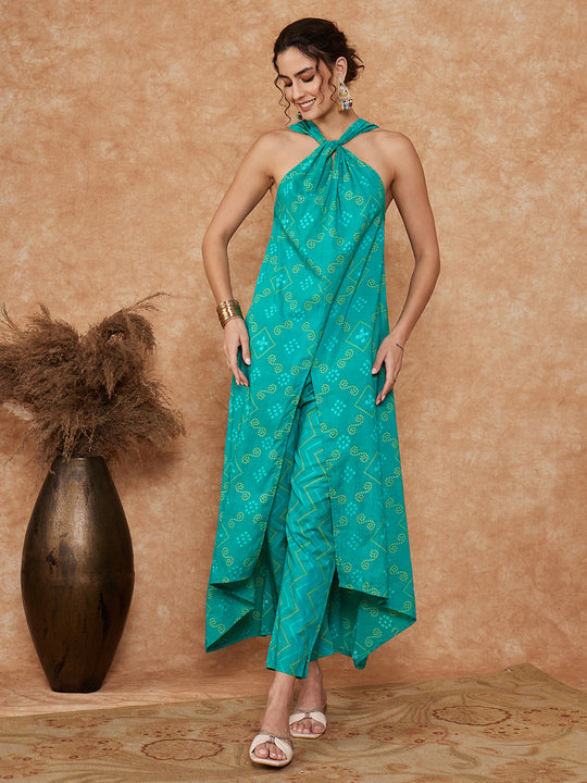 Aqua S Print Twisted Neckline Kurta Pant Set