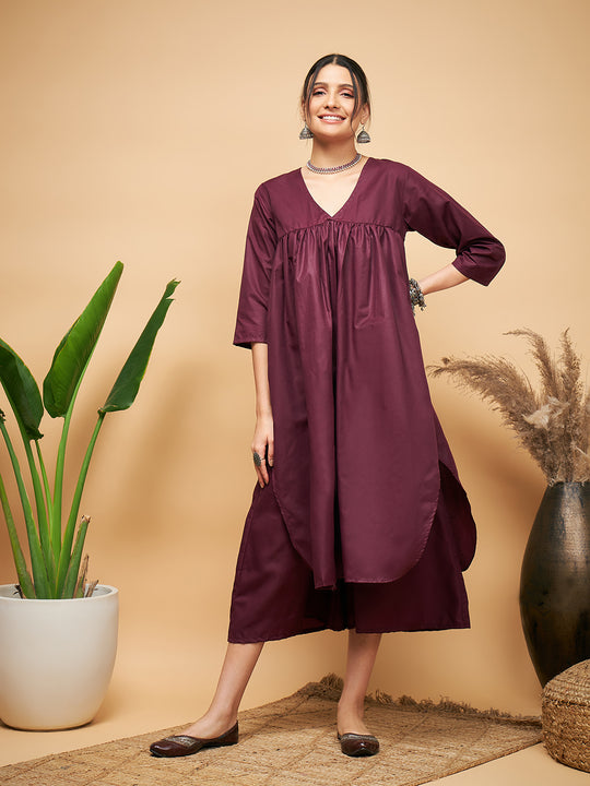 Wine Solid Flared Kurta Palazzo Set
