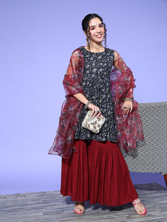 Blue Printed Kurta Sharara Set With Burgundy Organza Dupatta