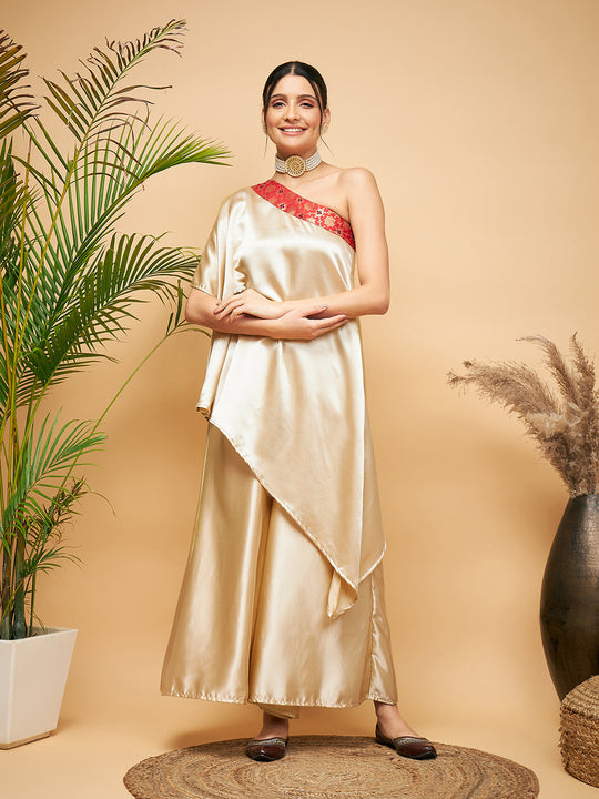 Beige Red Brocade Oneshoulder Top Satin W Palazzo Set