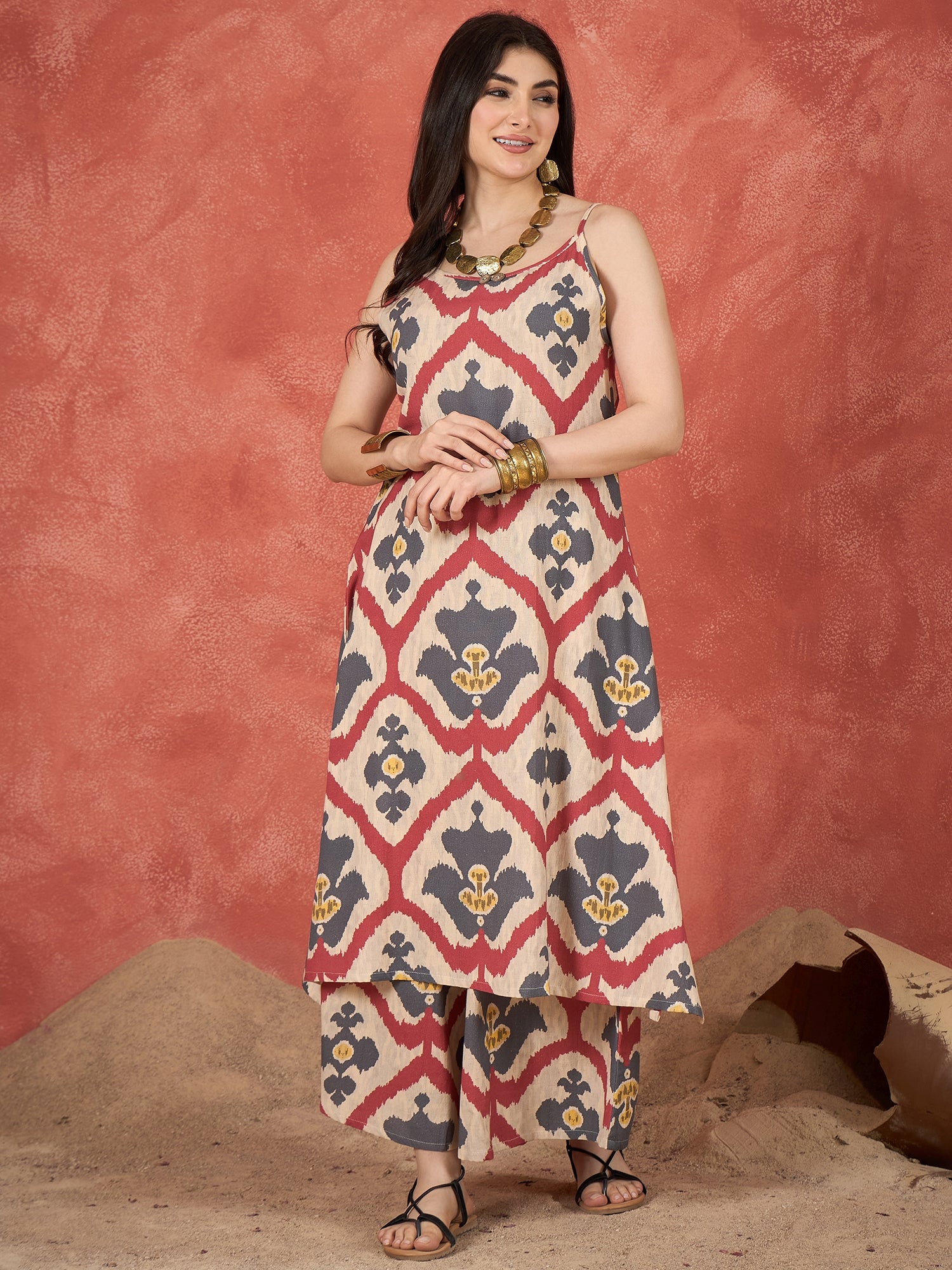 Beige Red Grey Ikkat Print Button Strappy Kurta Set