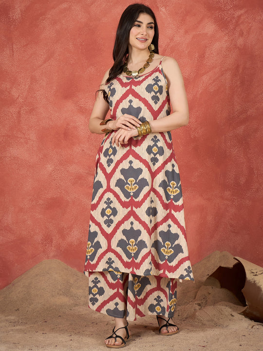 Beige Red Grey Ikkat Print Button Strappy Kurta Set