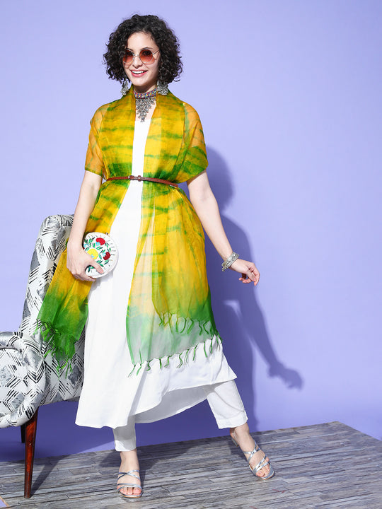 White Strappy Kurta With Mustard Green Tie & Dye Dupatta